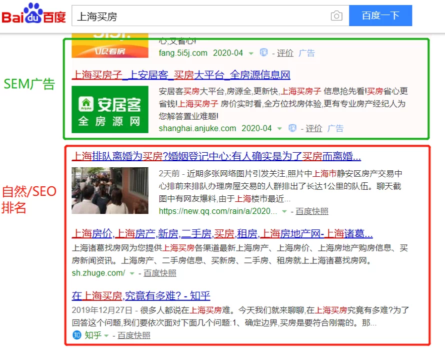 Поисковая выдача Baidu - пример платного размещения (SEM) и бесплатной органической выдачи (SEO).
